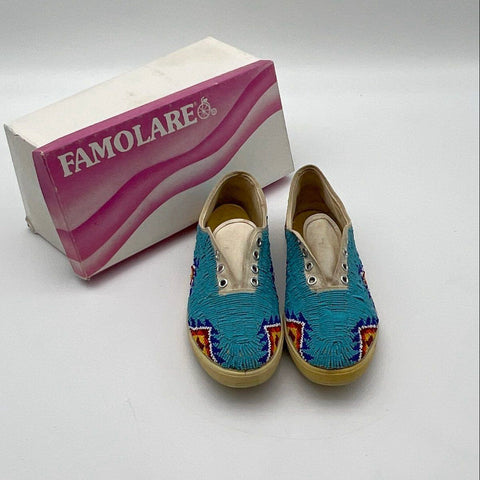 Vintage 70s Famolare Beaded Southwestern Geometric Low Top Shoes Size 8.5