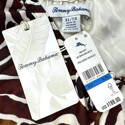 Tommy Bahama Women's Zen Zebra Midi Dress Brown White Balloon Sleeve Sz XL NWT