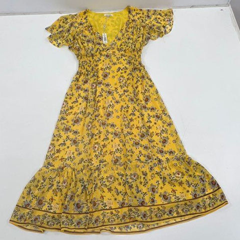 Max Studio Yellow Floral Flutter Sleeve Smocked Midi Dress Women's M NWT