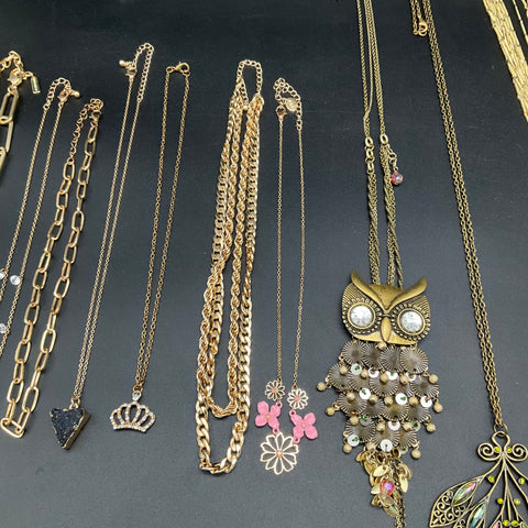 Mixed Costume Jewelry Lot of 12 Necklaces Gold Tone Vintage Style Owl Leaf Bib