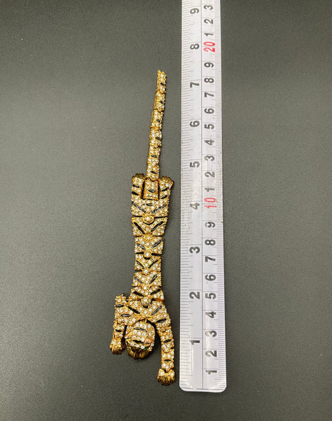 Vintage Articulated Tiger Brooch Pave Rhinestone Black Enamel Over the Shoulder