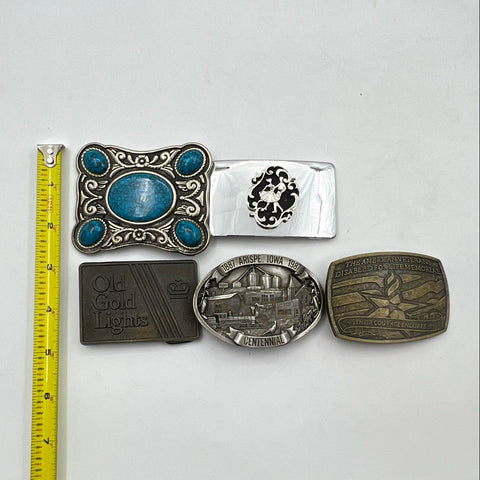 Vintage Lot 5 Belt Buckles Iowa Centennial Old Gold Cigarette Veterans Memorial