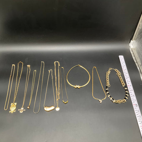 Vintage to Modern Costume Jewelry Lot 11pc Gold Tone Necklaces Owl Bean Choker