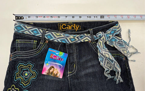 iCarly Girls Dark Wash Embroidered Jean Shorts Capris Sash Belt Sz 16 NWT Y2K