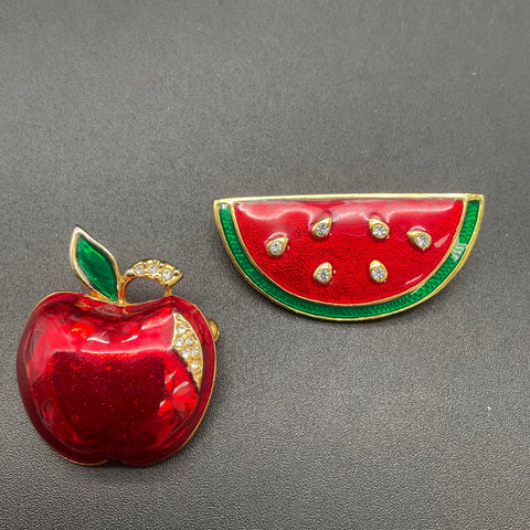 Vintage Enamel Fruit Brooch Pin Lot of 2 Watermelon Apple Rhinestone Gold Tone