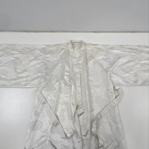 Vintage Women's White Satin Damask Dragon Kimono Robe Japanese Style Long