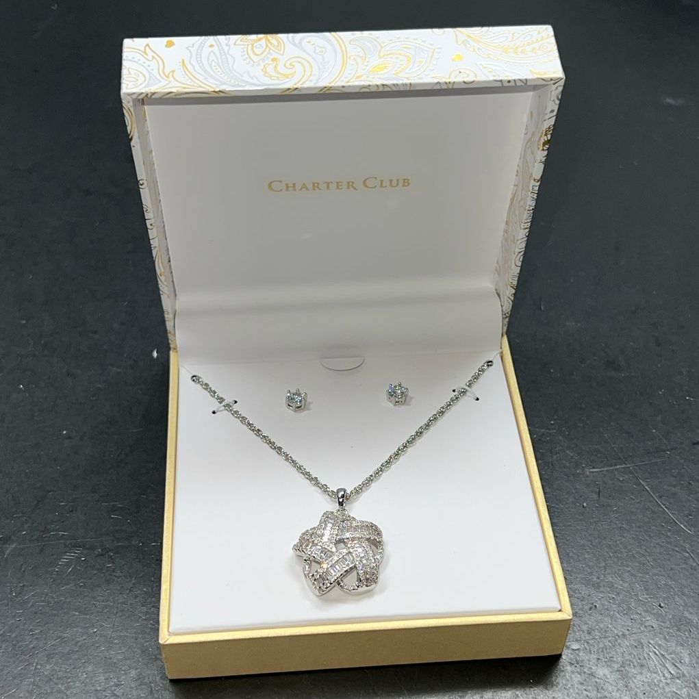 Charter Club CZ Silver Tone Necklace & Earrings Set NIB