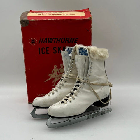 Vintage 1960s Hawthorne Canadian Zephyr White Fur Trim Ice Skates Size 8 IOB