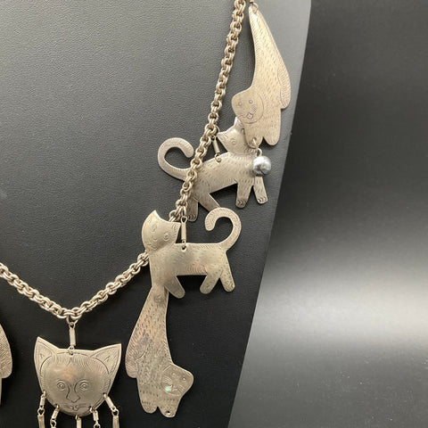 Vintage Silver Tone Whimsical Boho Cat Multi-Charm Statement Necklace 32"