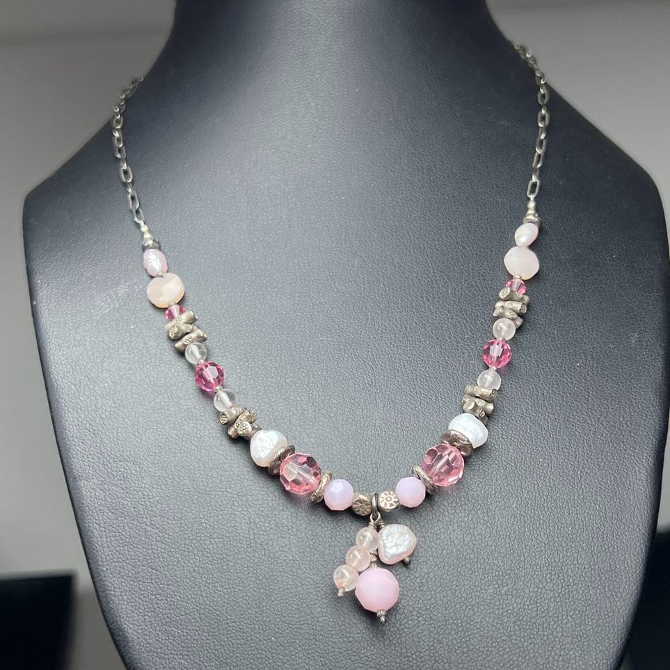 Pearl & Pink Bead Sterling Silver Necklace