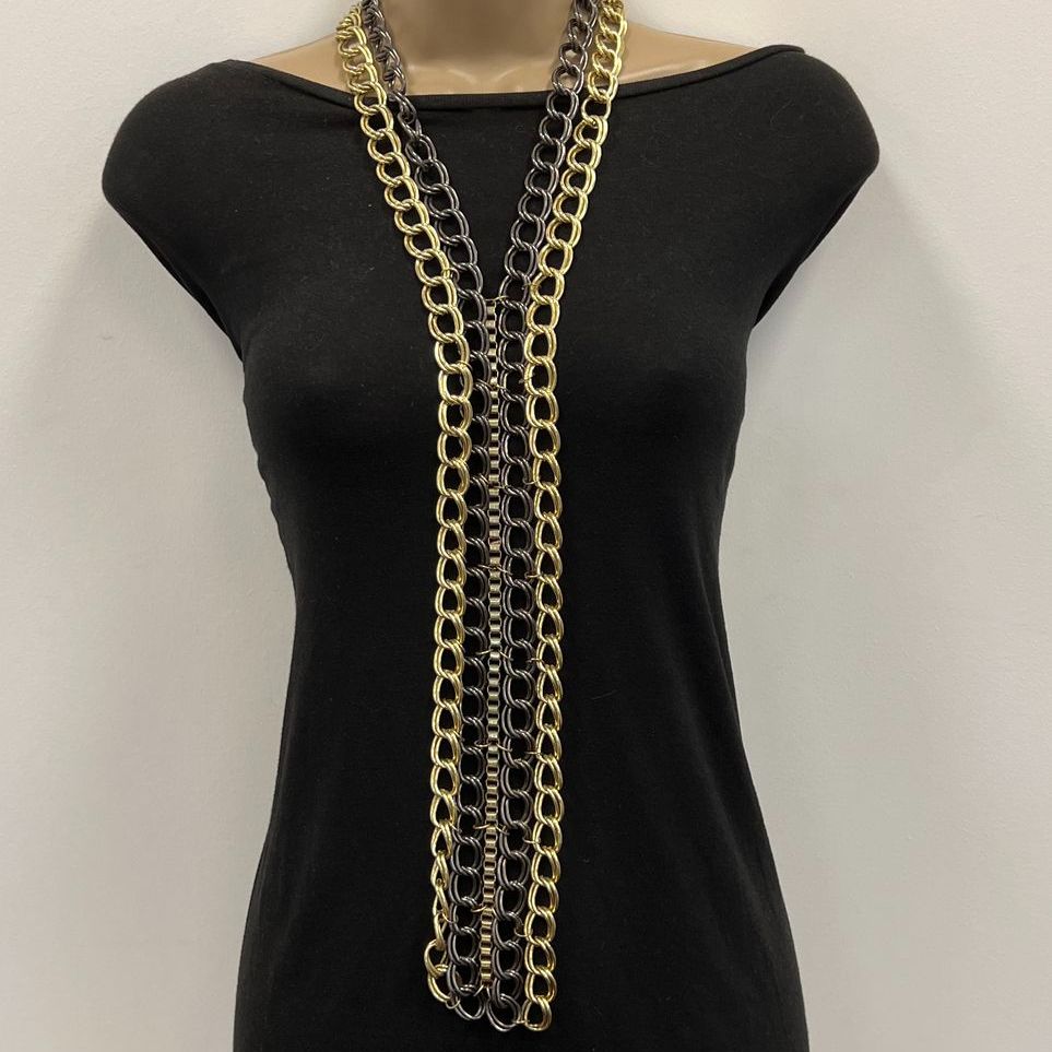 Heavy Mutli-Chain Two Tone Y Drop Necklace