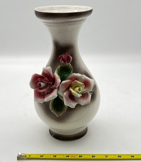 Capodimonte Italy Porcelain Vase Applied 3D Roses Italian Art Pottery Vintage