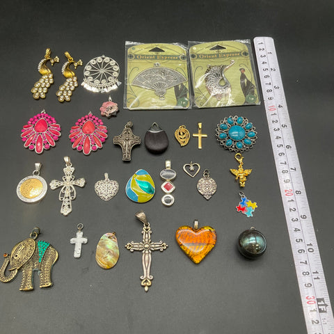 Vintage & Modern Costume Jewelry Lot of 27 Pendants Crosses Elephant Peacock