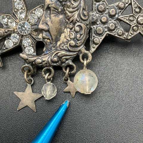 Vintage Kirks Folly Antiqued Silver Tone Celestial Crescent Moon Star Brooch