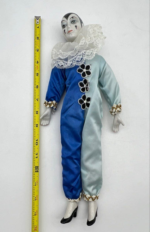 Porcelain Harlequin Pierrot Doll Blue Silver Satin 17 Inch Vintage With Box