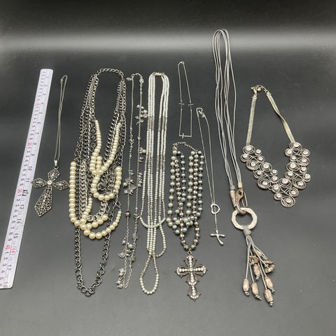 Fashion Costume Necklace Lot of 10 Silver Tone Faux Pearl Cross Pendants