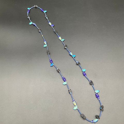 Handmade Blue Art Glass Seed Bead Necklace Floral Tulip Leaf Motif 34"