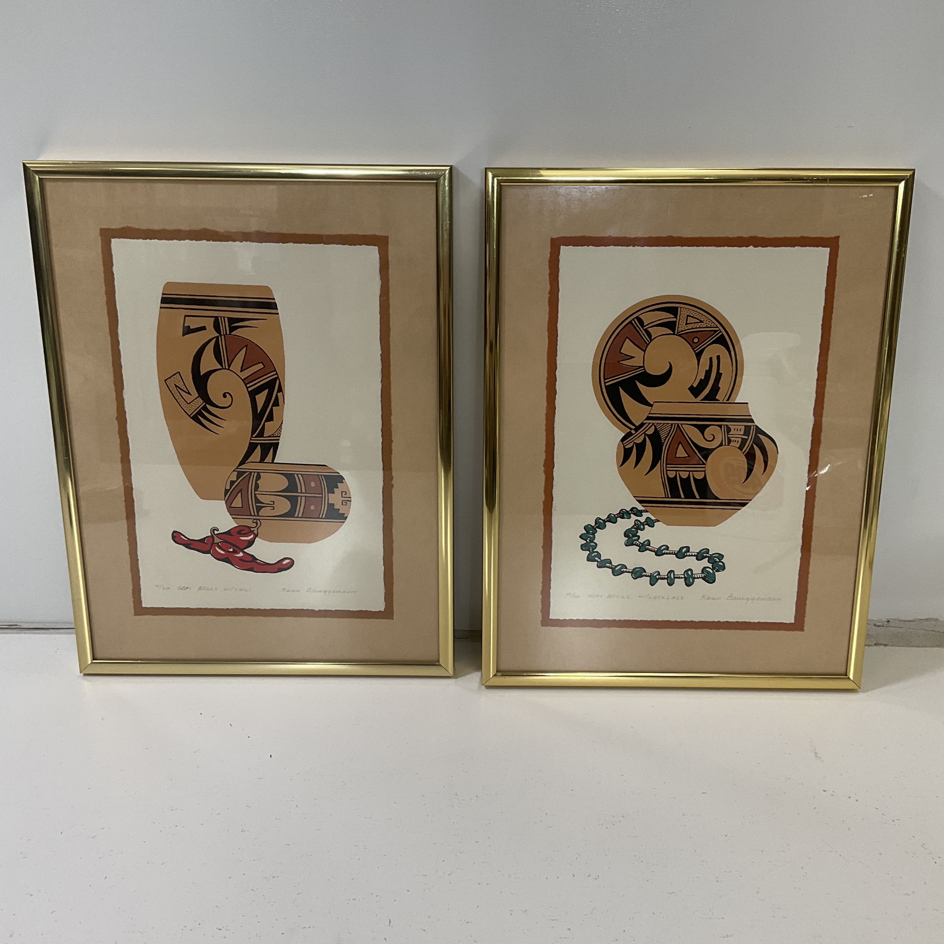Karen Brueggemann Framed & Matted Signed Numbered Prints Hopi Bowls Pair 9x12