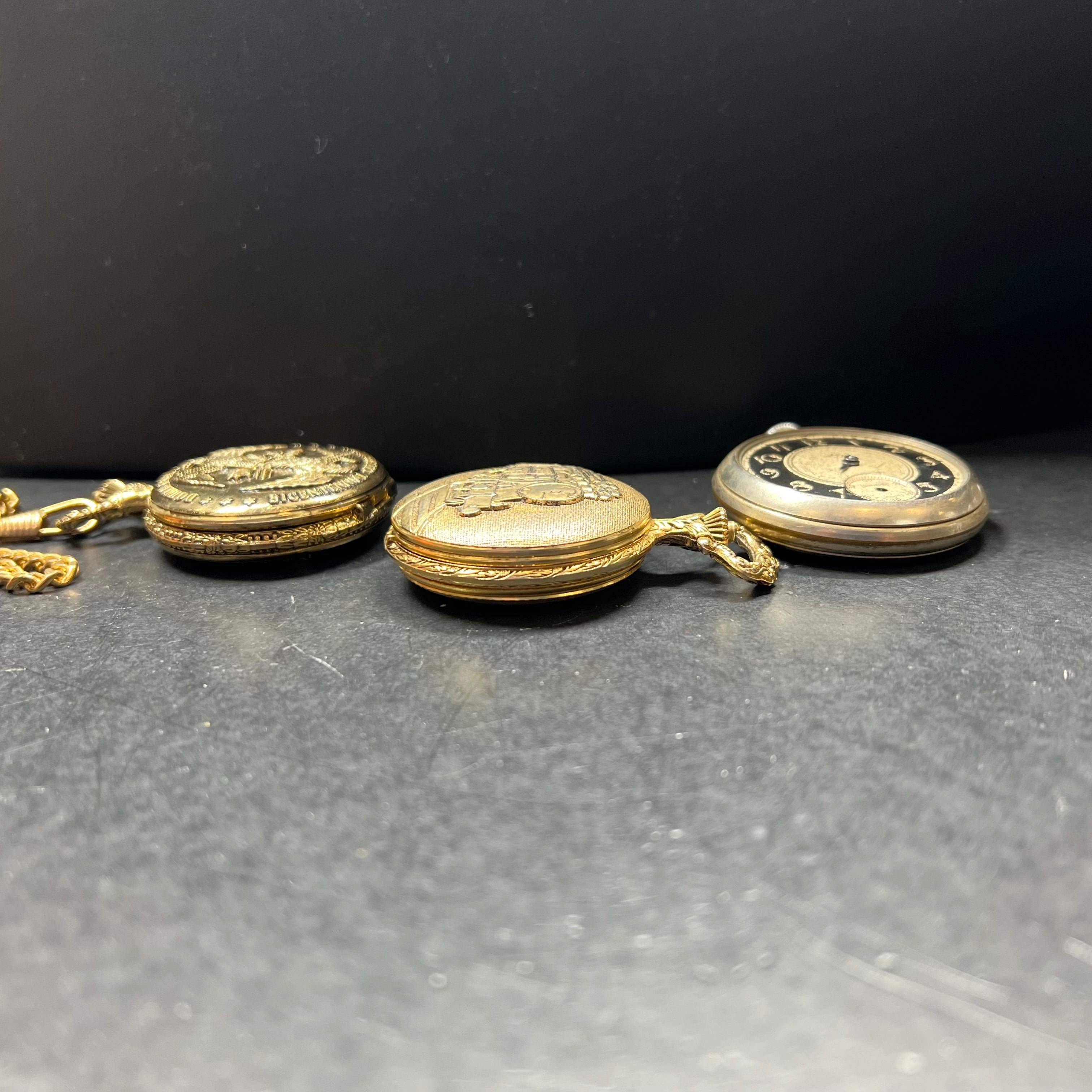 Lot of 3 Gold Tone Pocket Watches Fair Condition for Prop Repair Parts