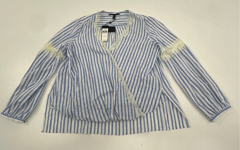 BCBG Maxazria Women's Blue White Striped Lace Trim Wrap Blouse Sz L NWT