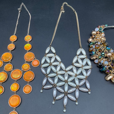 Statement Costume Jewelry Lot 4 Necklaces Bib Faux Pearl Beaded Fringe Styles