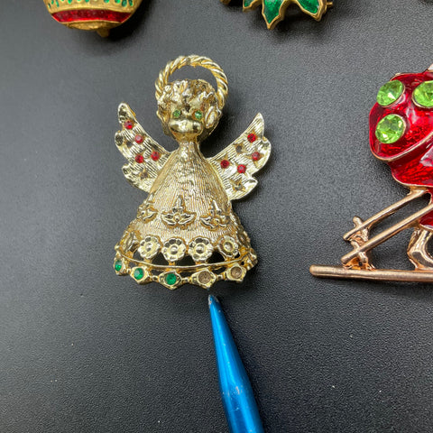 Holiday Pin Lot Tancer II Enameled Rhinestone 8 Pieces Vintage Christmas