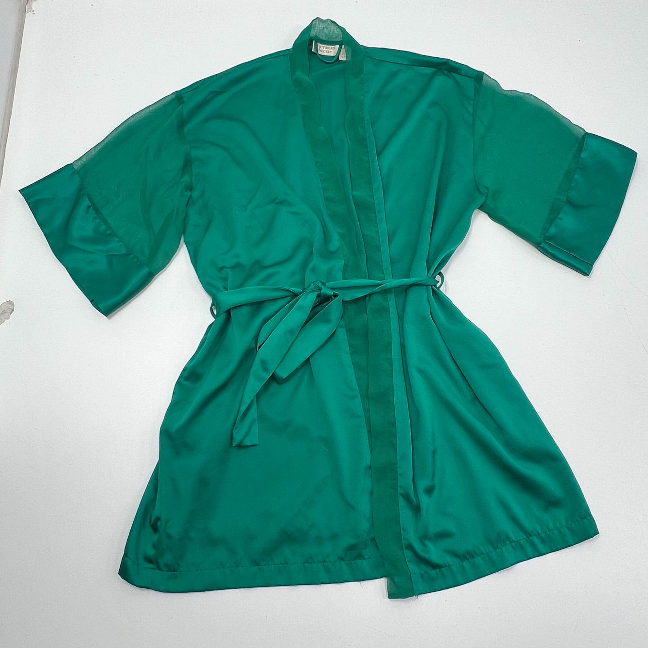Vintage 80s Victorias Secret Gold Crown Green Satin Sheer Sleeve Robe Lingerie