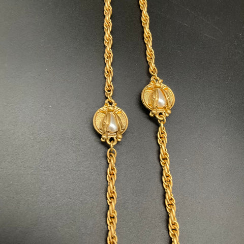 Cabi The Buzz Gold Tone Bee Scarab Convertible Chain Necklace Faux Pearl 46"