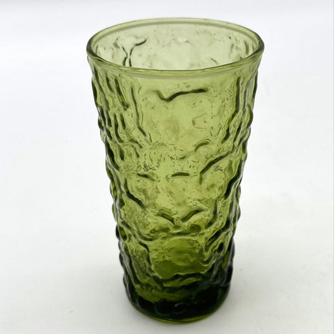Vintage Pressed Glass Avocado Green Bark Textured Tumblers Set 4 Mid-Century