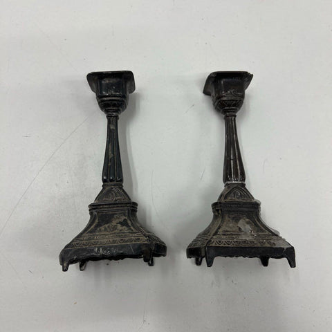 Antique Pair Victorian Cast Metal Candlestick Holders Renaissance Gothic Revival