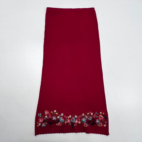 Double D Ranch Women's Red Floral Embroidered Linen Blend Knit Maxi Skirt Sz XS