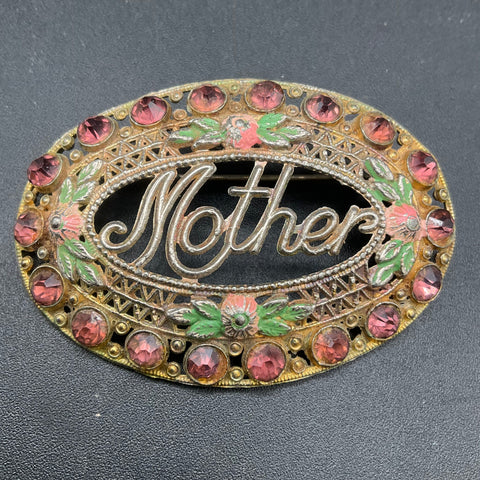 Vintage Mid-Century Gold Tone Pink Rhinestone Mother Brooch Enamel Floral 1.75"