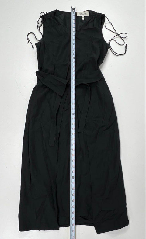 Derek Lam 10 Crosby Women's Black V-Neck Ruched Shoulder Belted Midi Dress Sz 4