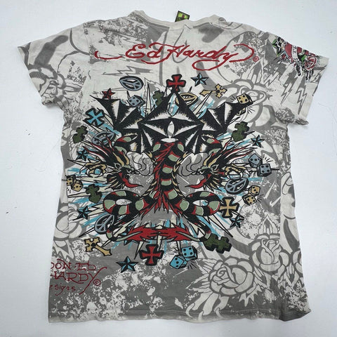 Vintage Y2K Ed Hardy Women's Multicolor All Over Print Rhinestone T-Shirt Sz S