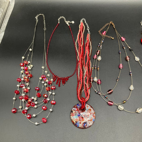 Vintage to Modern Costume Jewelry Necklace Lot of 9 Red Black Beaded Pendants