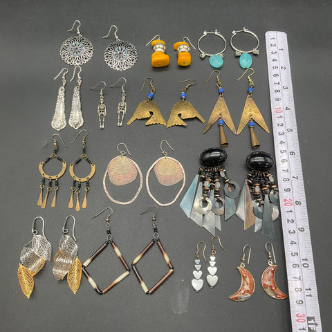 Boho Eclectic Artisan Earring Lot 14 Pairs Moon Skeleton Leaf Geometric Styles