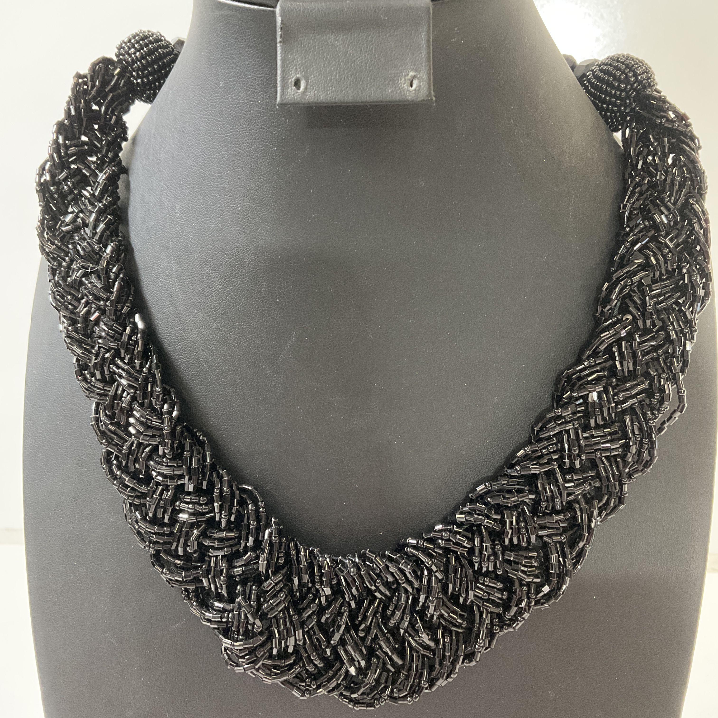 Catherine Stein Black Braided Seed Bead Statement Necklace NWT $38