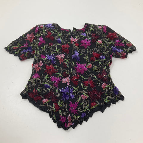Vintage 80s Lawrence Kazar Black Silk Sequin Beaded Floral Top Blouse Women's