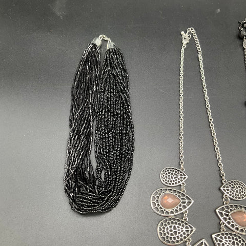 Mixed Costume Jewelry Lot 6 Necklaces Beaded Statement Boho Silver Tone Black