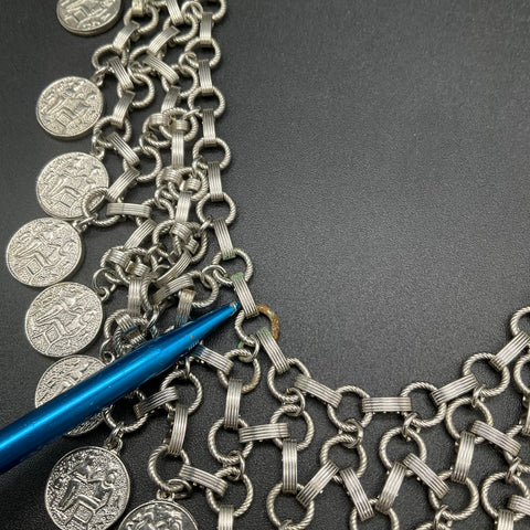 Vintage Egyptian Revival Silver Tone Multi Strand Coin Bib Necklace