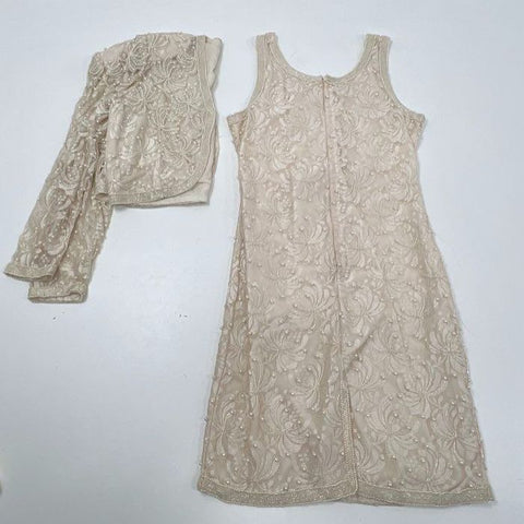Vintage 80s Lawrence Kazar Beaded Pearl Two Piece Dress Bolero Set Sz M
