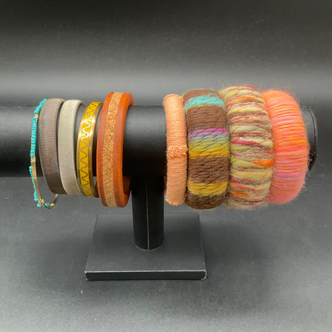 Bohemian Eclectic Bracelet Lot 9pc Yarn Wrapped Wood Metal Seed Bead Bangles