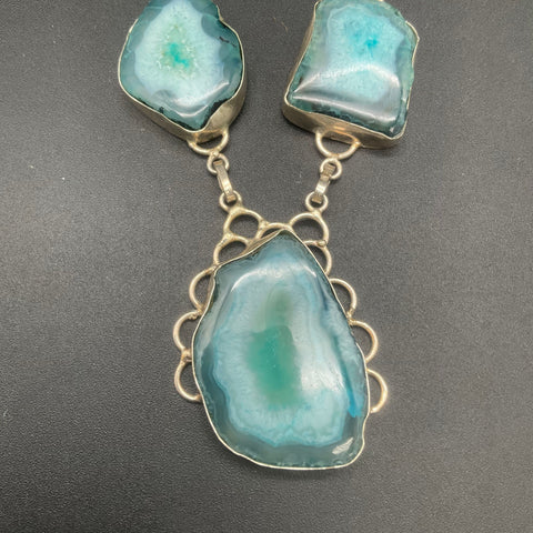 Teal Agate Geode Slice Statement Necklace Silver Tone Bezel Link 20"