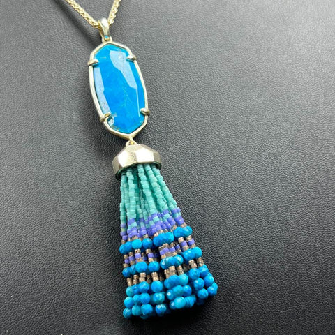 Kendra Scott Blue Beaded Tassel Gold Tone Necklace 32g