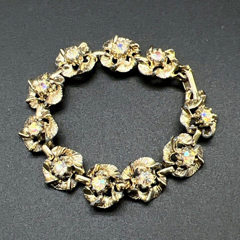 Vintage Silver Tone Jewelry Lot of 6 Rhinestone Charm Bracelets Floral Brooches