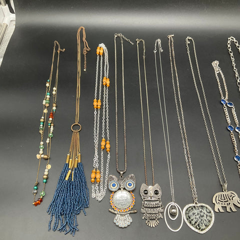 Vintage to Modern Costume Jewelry Lot 10pc Owl Elephant Cross Tassel Beads