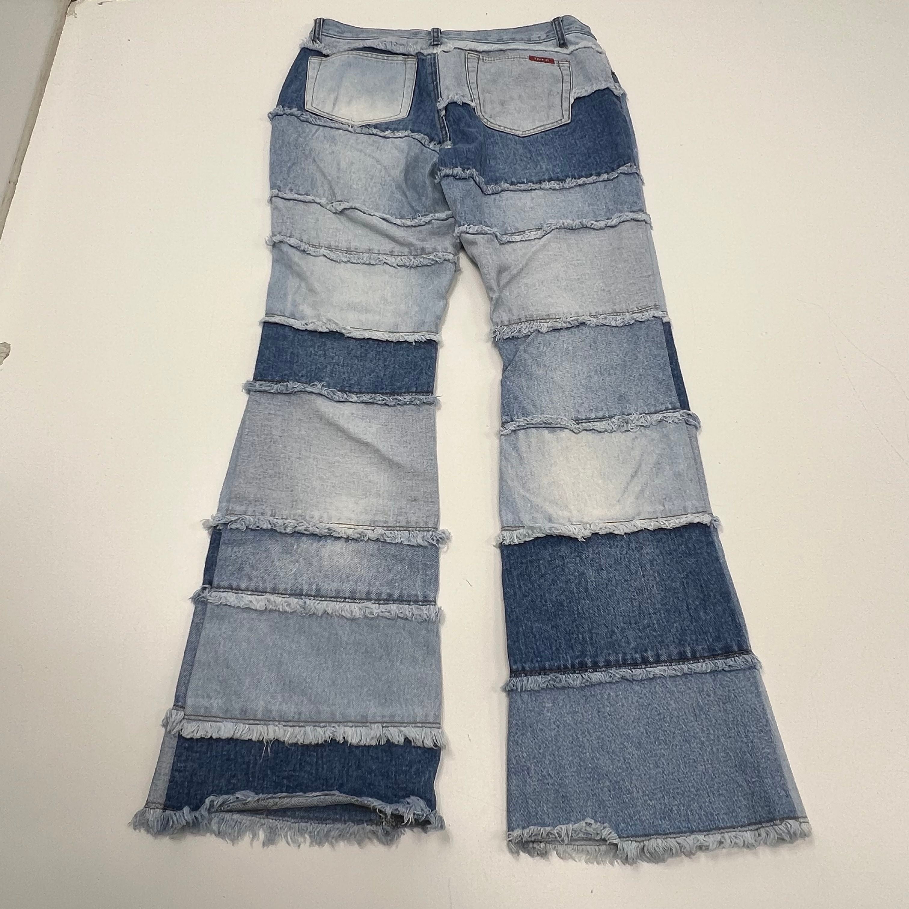 Vintage Y2K Zana Di Blue Patchwork Frayed Raw Hem Flare Jeans Women's Size 11