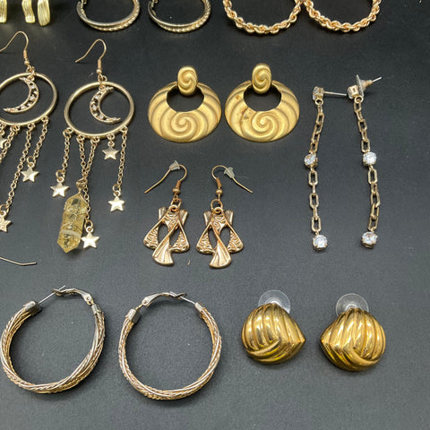 Costume Jewelry Lot 18 Pairs Gold & Silver Tone Earrings Celestial Hoop Dangle