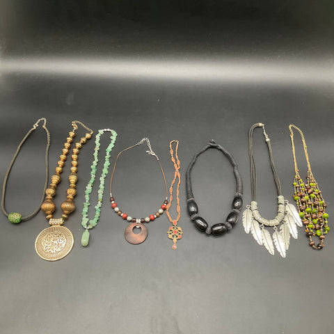 Mixed Costume Jewelry Lot 8 Necklaces Boho Ethnic Tribal Beaded Wood Feather