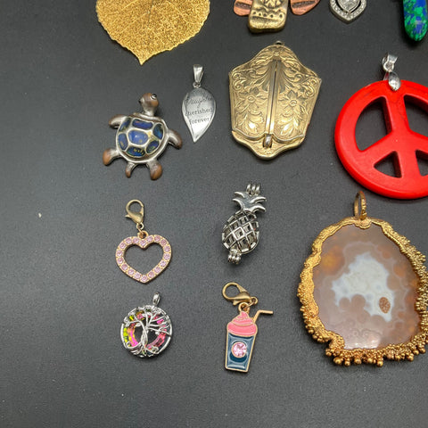 Vintage & Modern Pendants Charms Jewelry Lot of 37 Hogwarts Enamel Agate